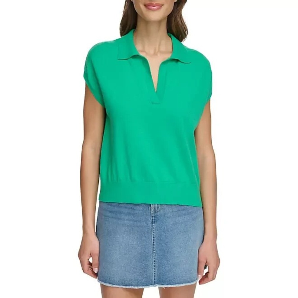 DKNY Womens Sleeveless Collared Sweater Size XS Clover Green Knit Polo RC2